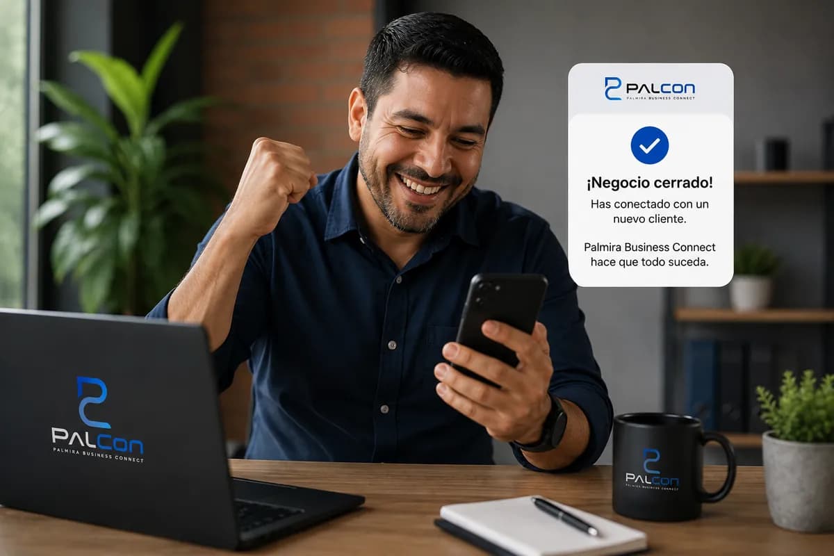 Un empresario celebra al recibir un aviso en su celular.