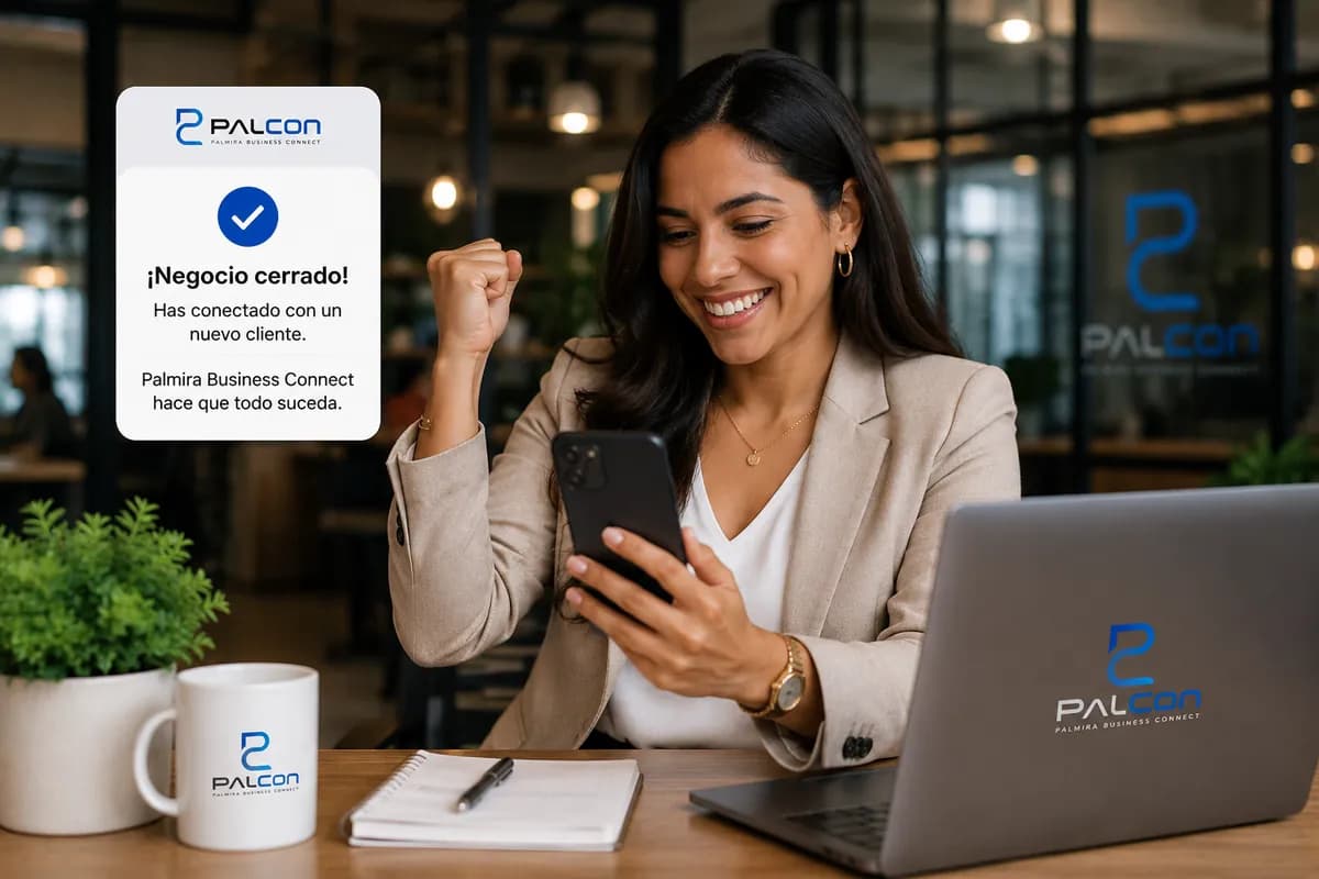 Una empresaria celebra una conexión lograda desde su oficina.
