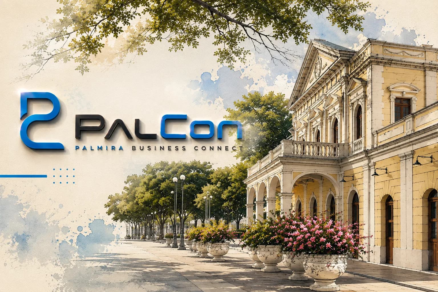 Ilustración en acuarela de la Estación del Ferrocarril de Palmira, con el logotipo de PalCon.